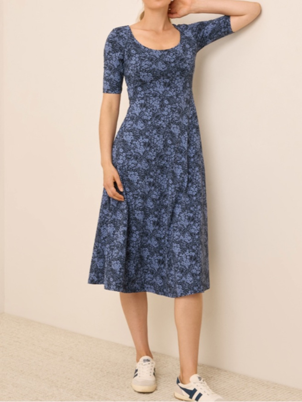 Pact Fit & Flare Scoop Midi Dress Midnight Garden Blue Organic Cotton Elastane M